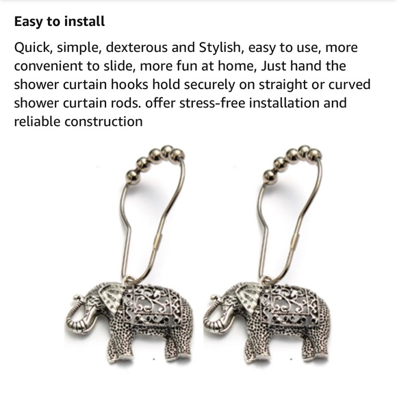 NEW IN BOX! 🛁🐘🚿 12 ANTIQUE SILVER ELEPHANT RUST PROOF SHOWER RINGS & HOOKS SET - Picture 3 of 16